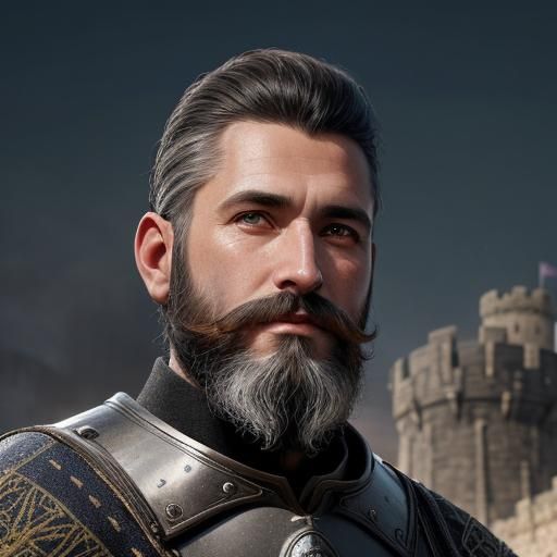 Noble Warrior on Castle Battlements: Hyperrealistic Charcoal...