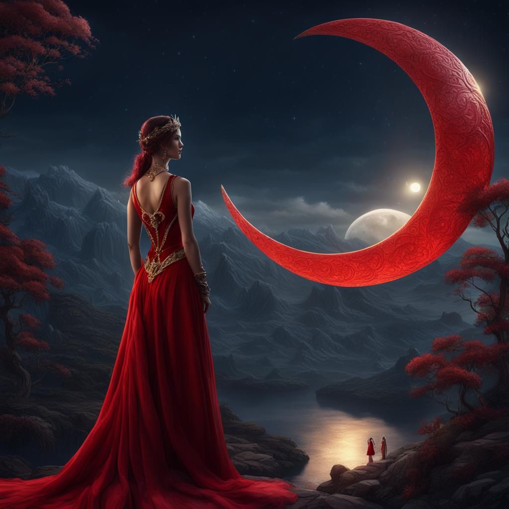 Woman in Red Gown Gazing at Moon, Matte Painting