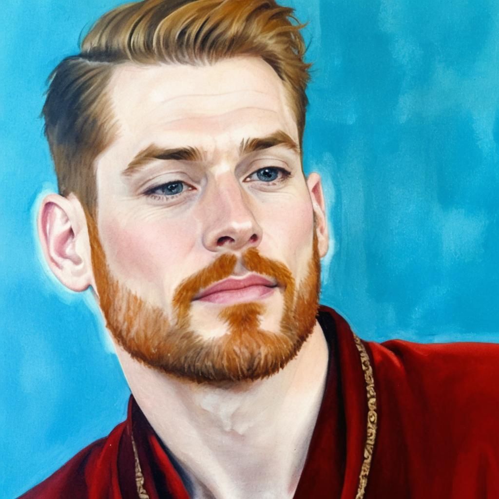 Nordic Blond Man in Red Velvet Robe as Impasto Painting