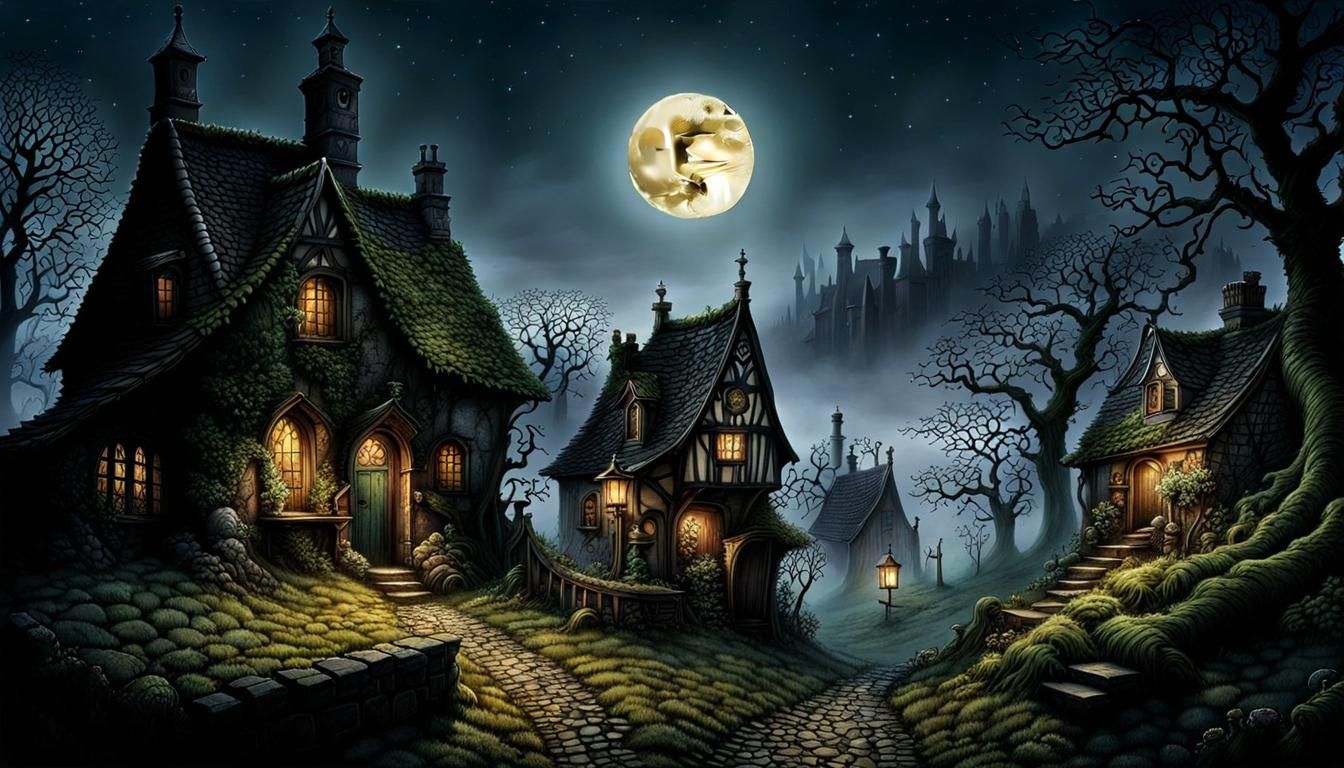 Haunted Village Under Moonlight: A Surrealist Vision