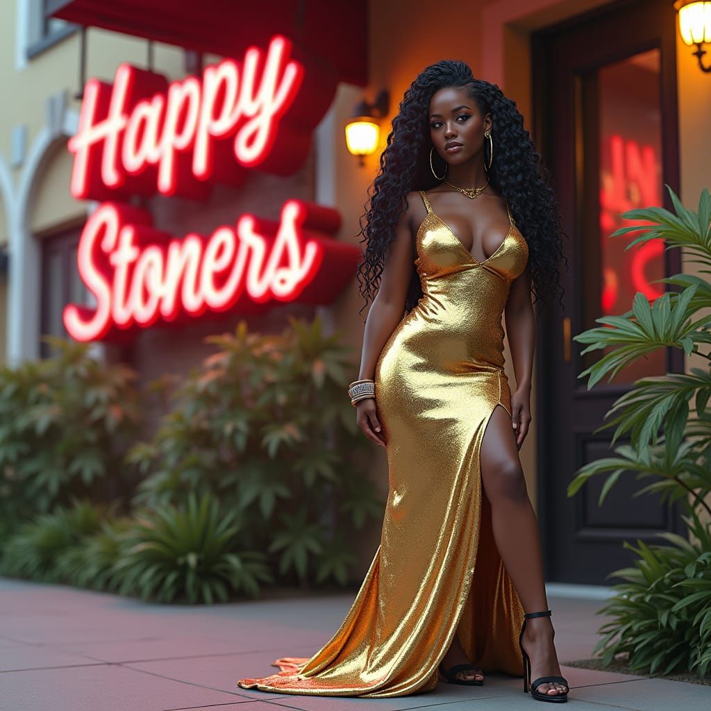 Confident Woman in Gold Maxi Dress with Neon Sign