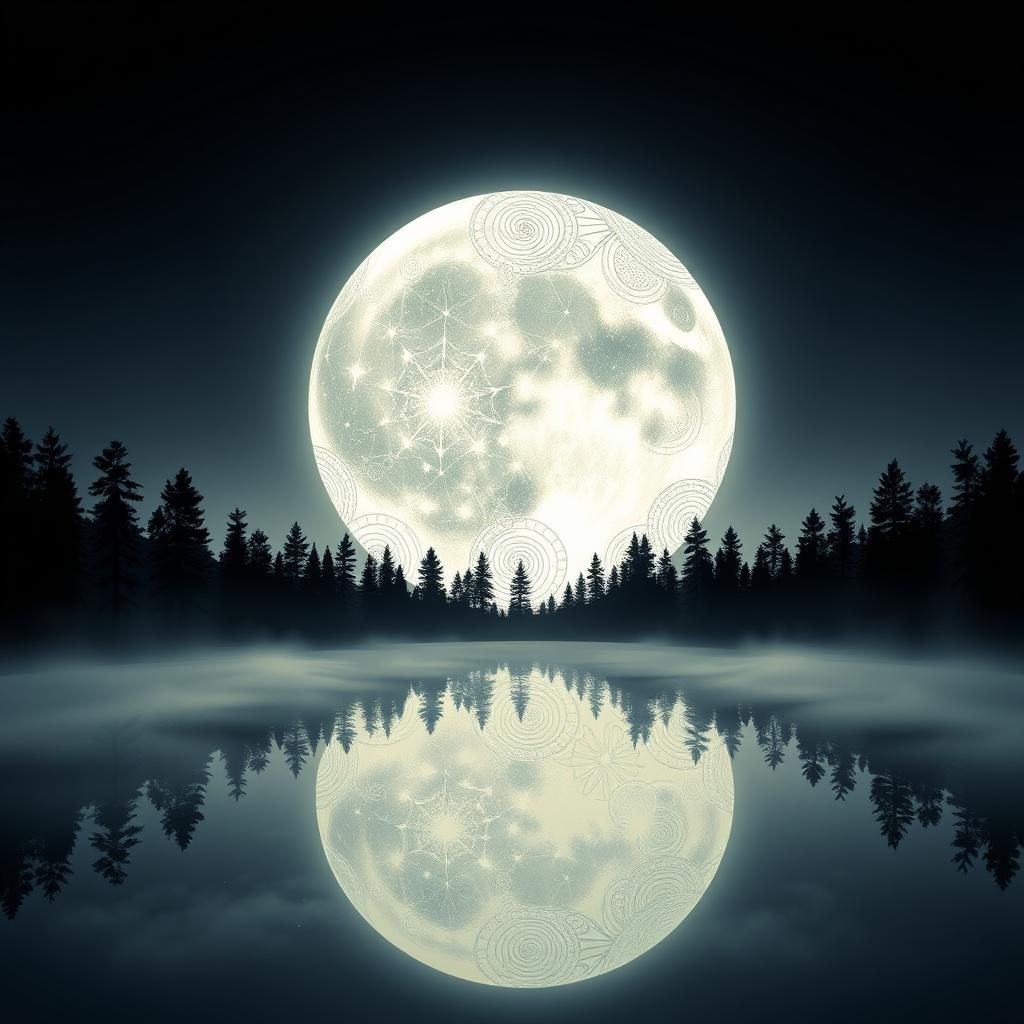 Fractal Moon Over Misty Lake in Abstract Vector Style