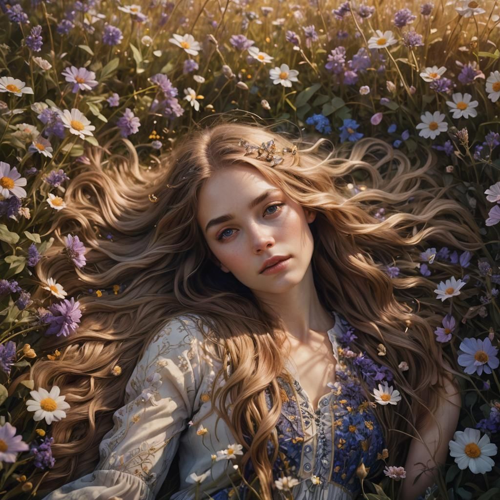 Ethereal Girl in Flower Field, Fantasy Realism