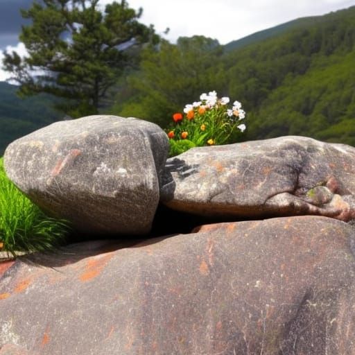 Realistic Rocky Landscape with Waterfalls and Flowers