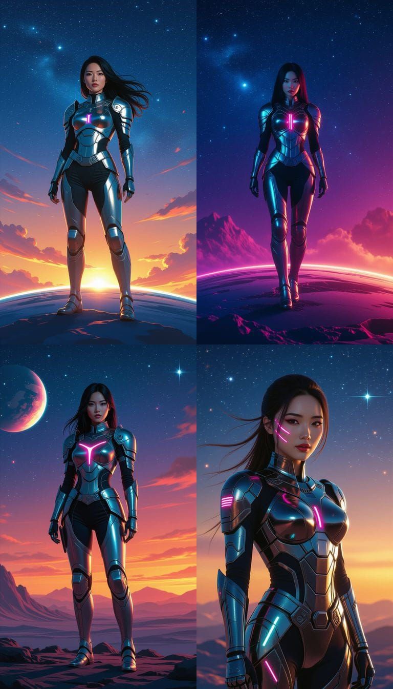 Asian Woman on Planet in Vibrant Digital Art