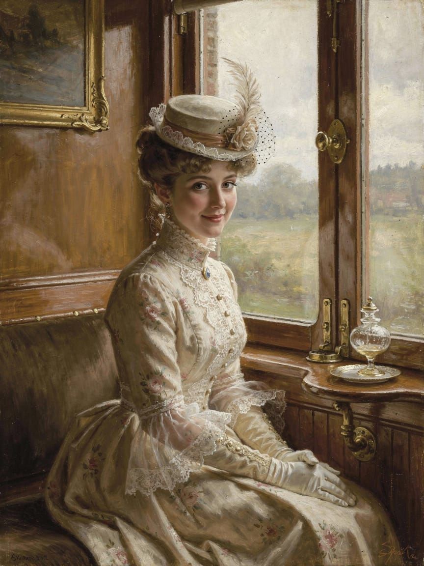 Victorian Woman Smiling Shyly on a Train, Oil Painting