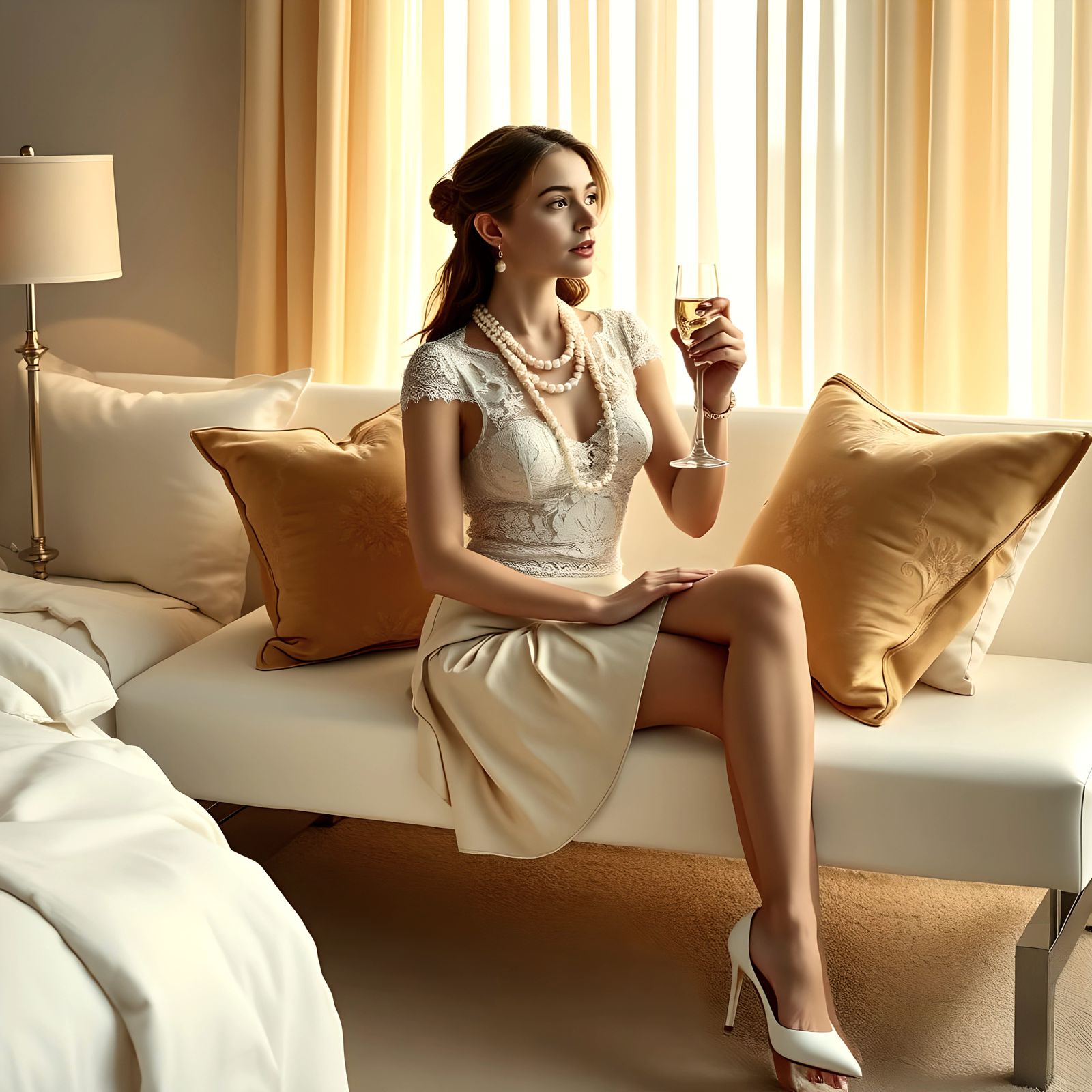 Elegant Woman Sipping Champagne in Modern Bedroom