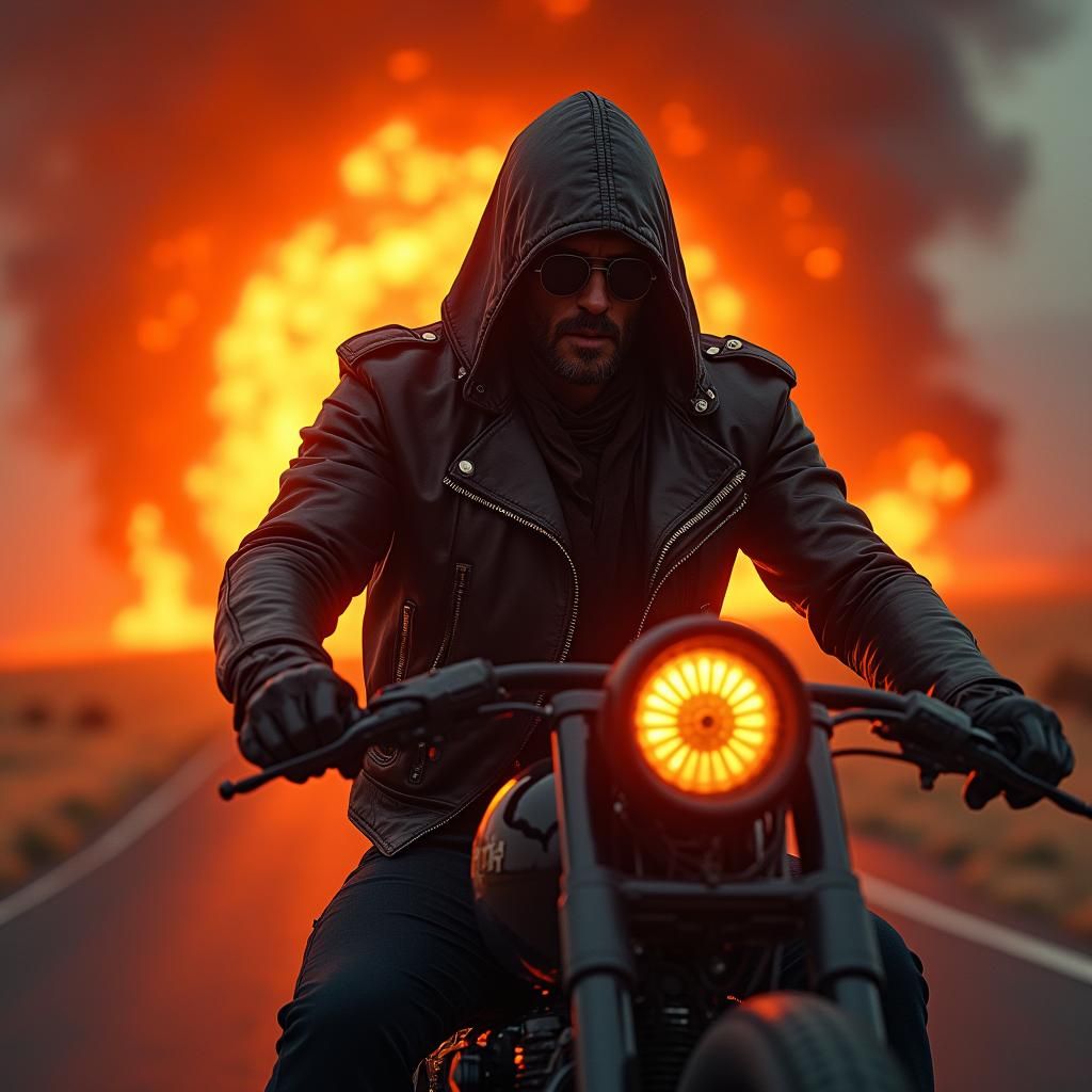 Biker on Hellish Highway in a Striking Aesthetic