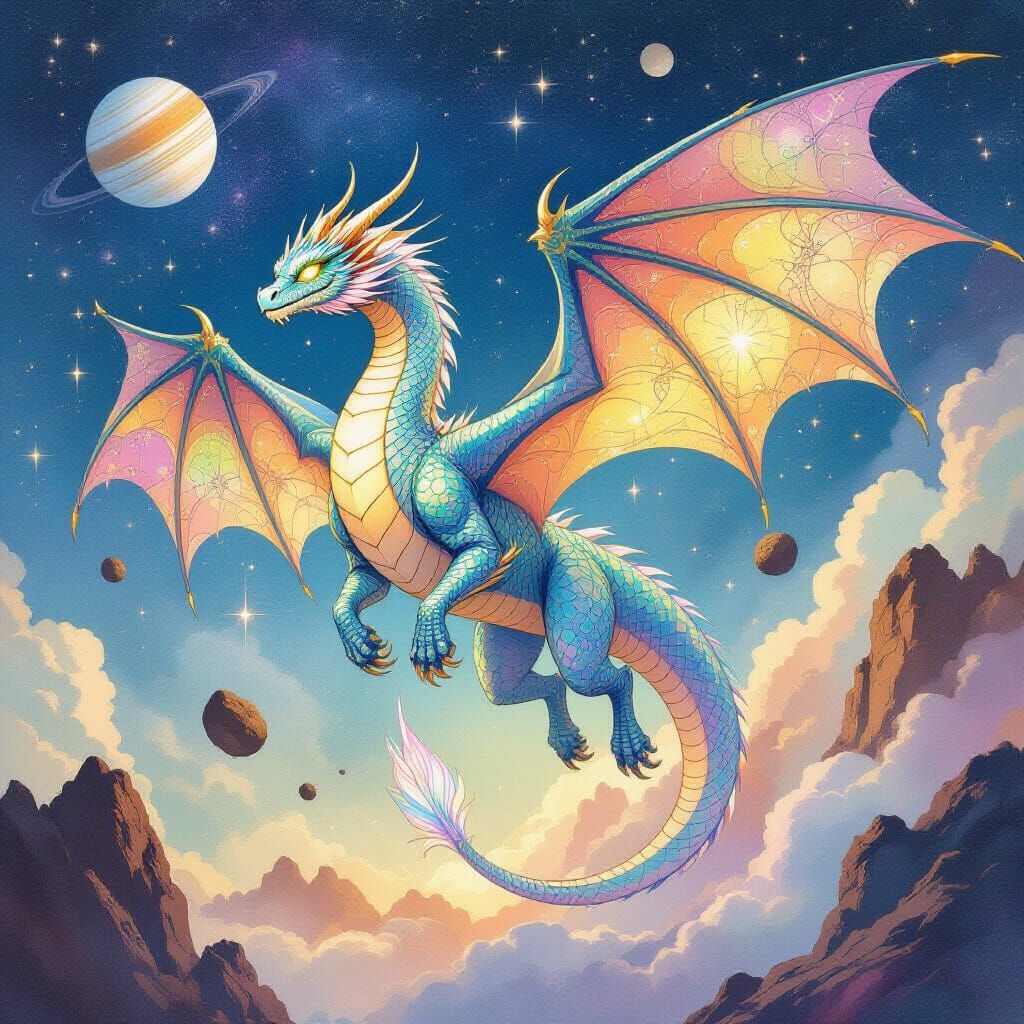 Bioluminescent Dragon Soaring Through Nebula in Watercolor S...