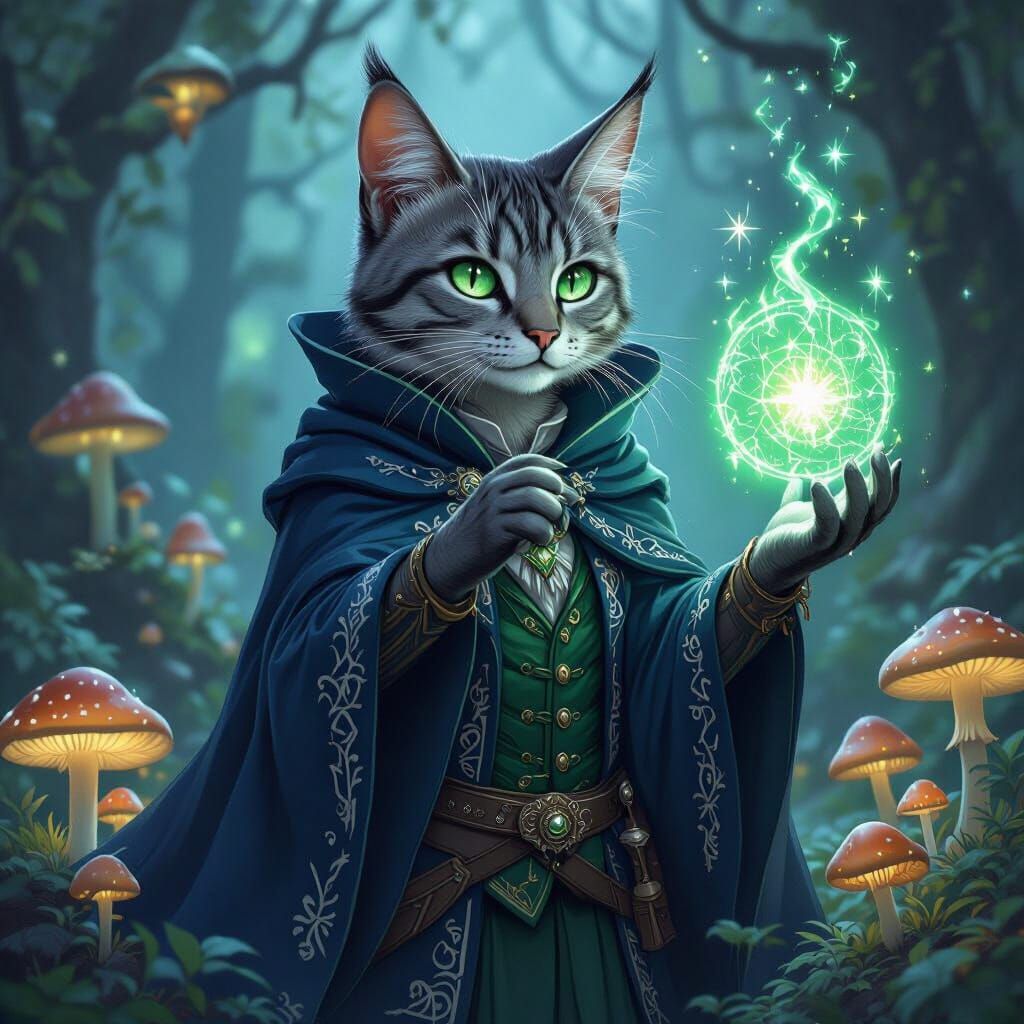 Tabaxi Warlock Casting Spell in Bioluminescent Forest