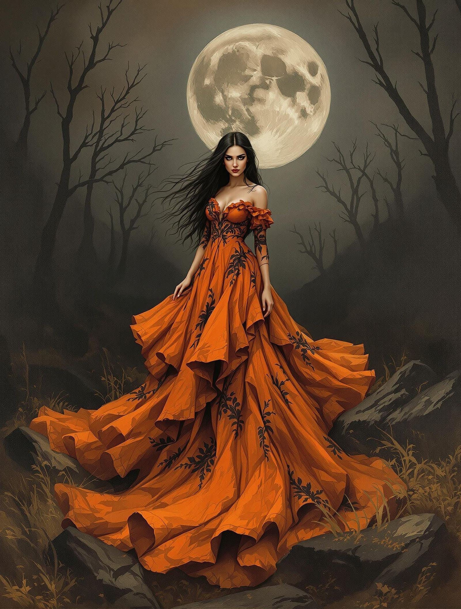 Dramatic Autumn Goddess in Orange Gown Under Grey Moon
