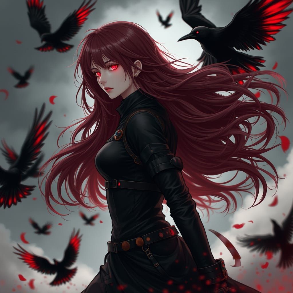 Dynamic Woman with Crows in Anime Style