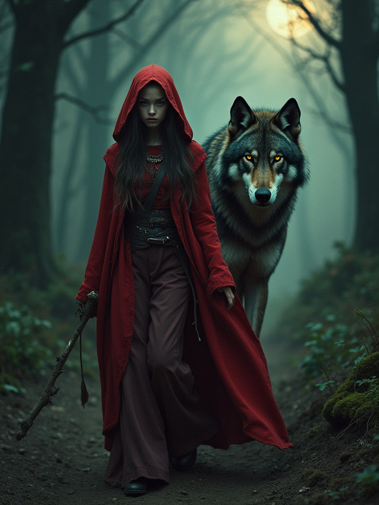 Little Red Riding Hood and Wolf in Dark Forest