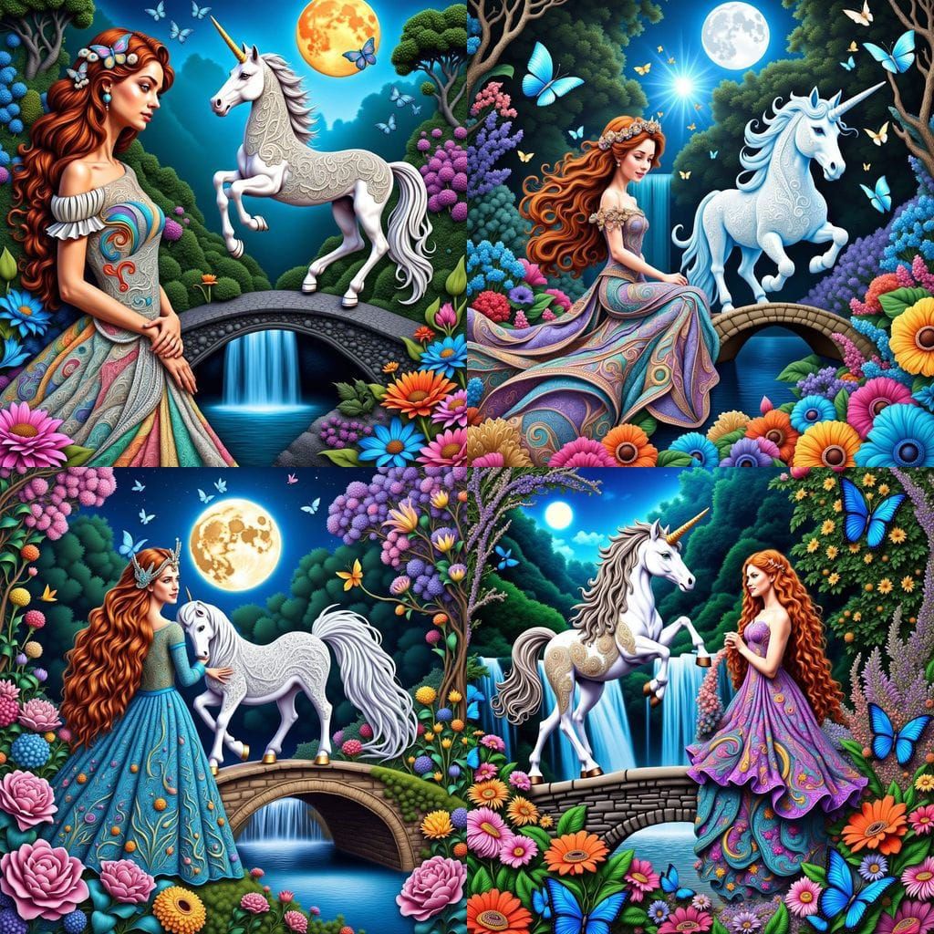 A Victorian Zentangle Girl with a Unicorn in a Dreamy Moonli...