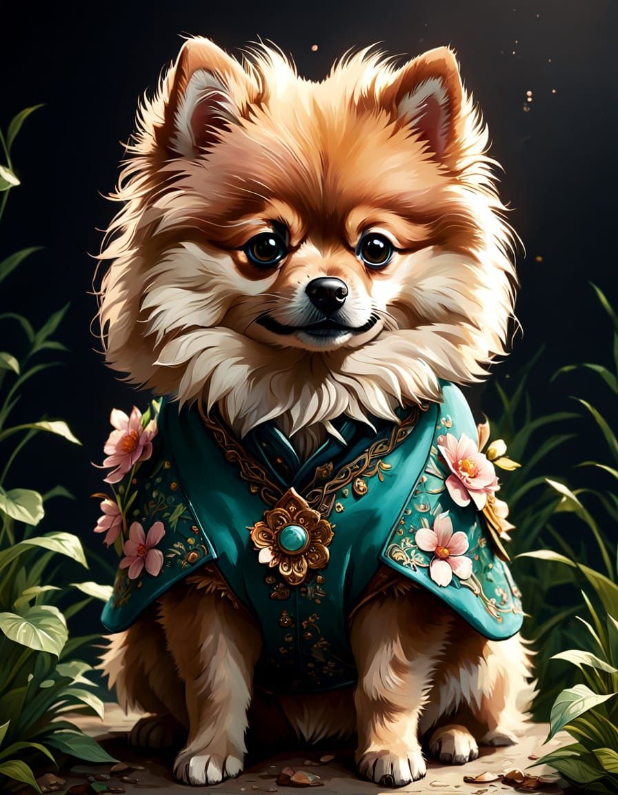 Cute Light Brown Pomeranian Puppy in Vibrant Floral Spring S...