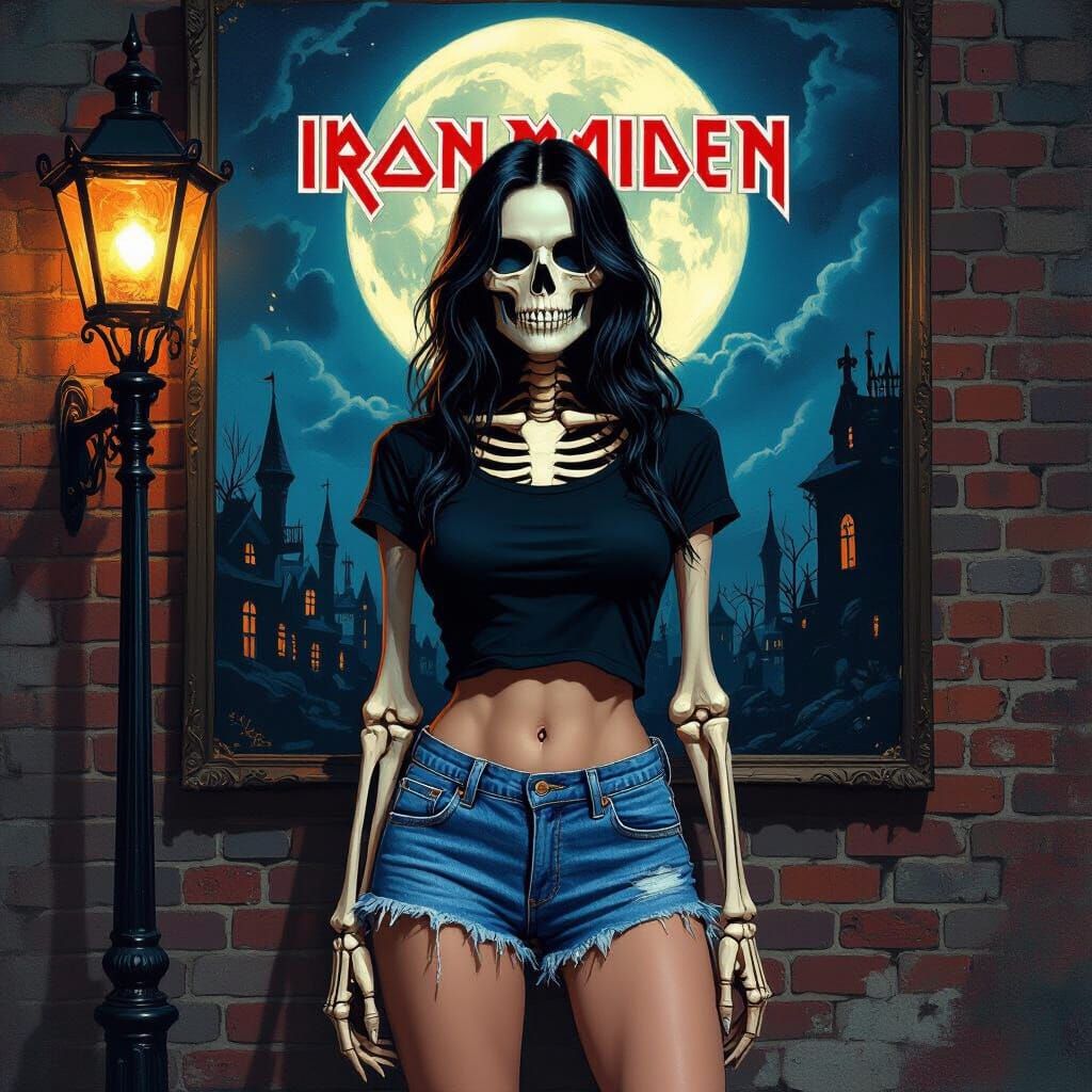 Skeleton Woman Before Iron Maiden Art Under Dark Moon