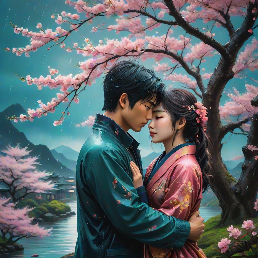 Romantic Cherry Blossom Night in Vibrant Watercolor