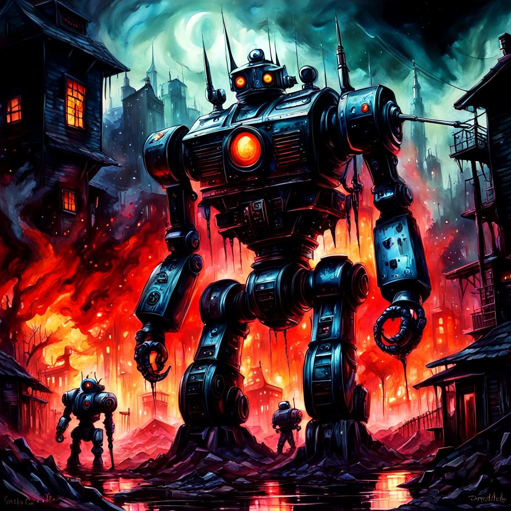 Evil Robots Destroying Homes in Dystopian Fantasy