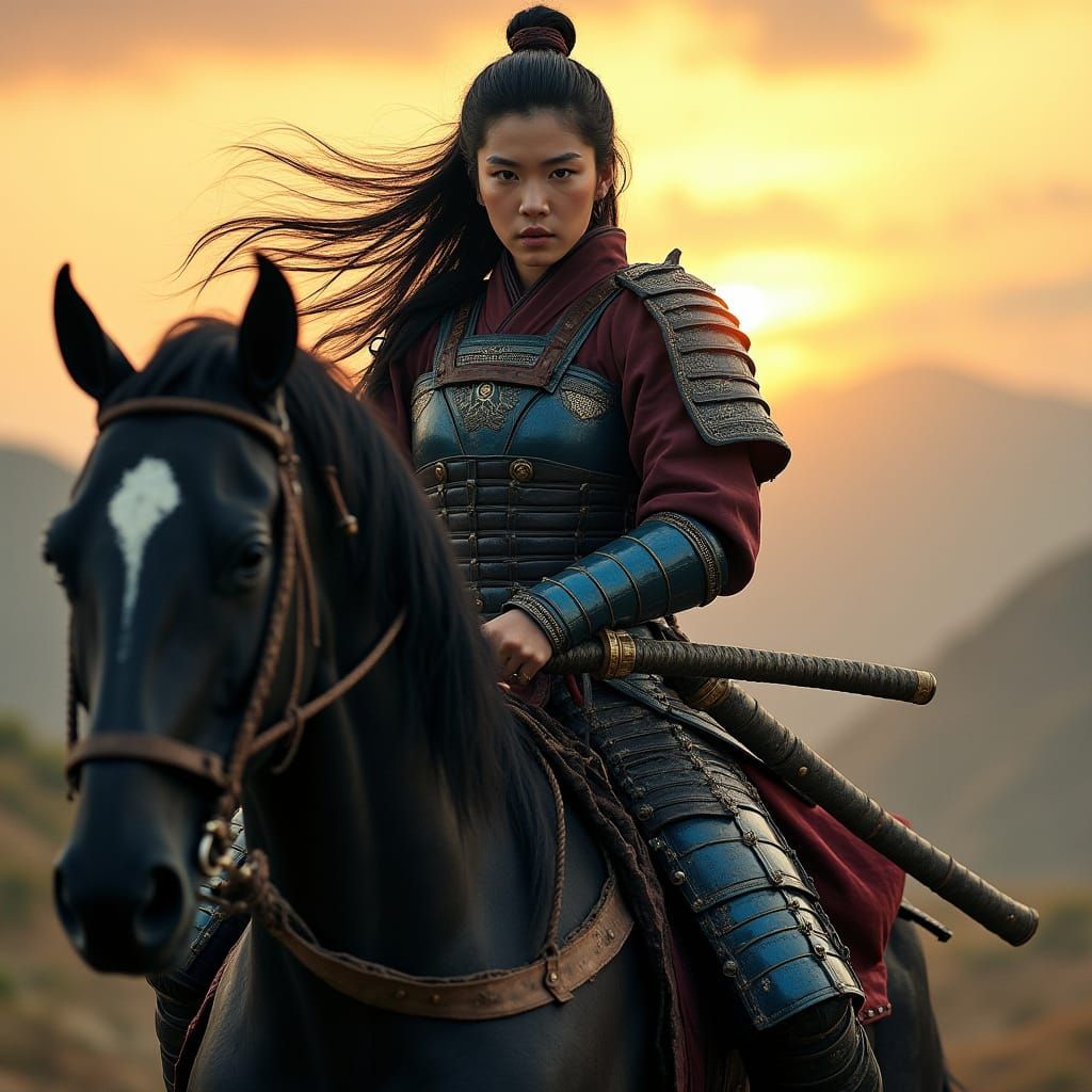Elegant Korean Warrior Rides Majestic War Horse Across Sunse...