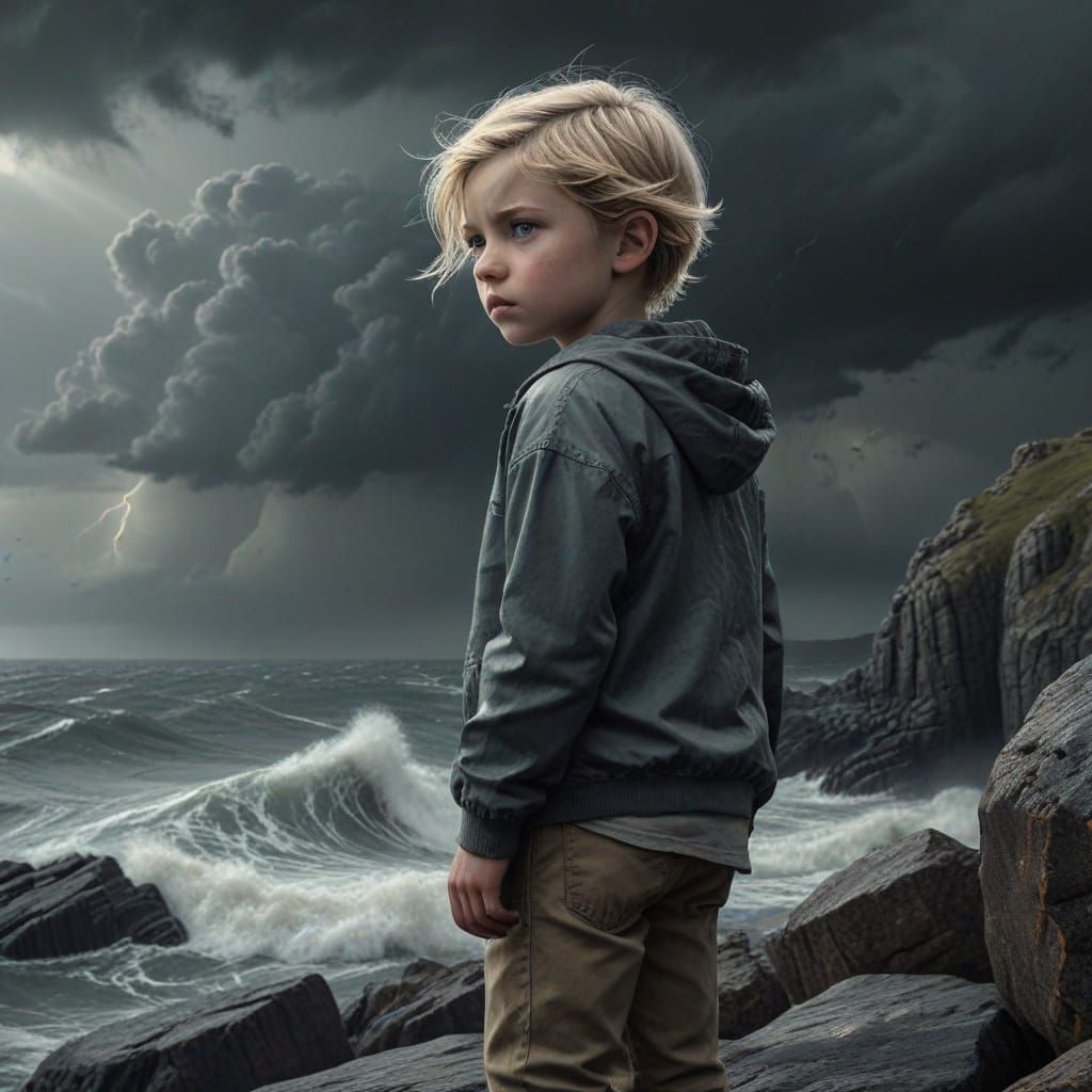 Child on Cliff: Pencil Sketch of Stormy Sea