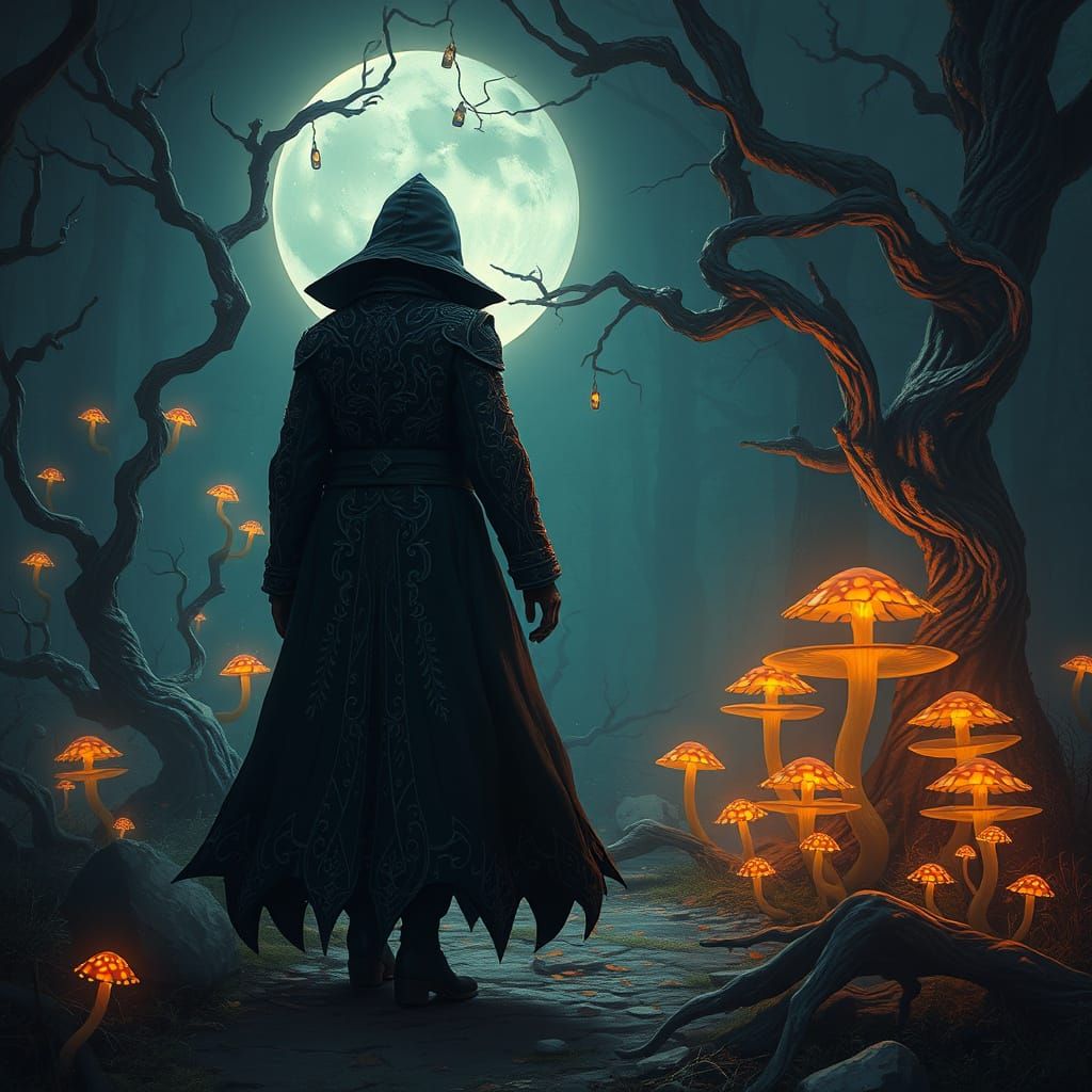 Mysterious Figure in Moonlit Forest, Digital Painting