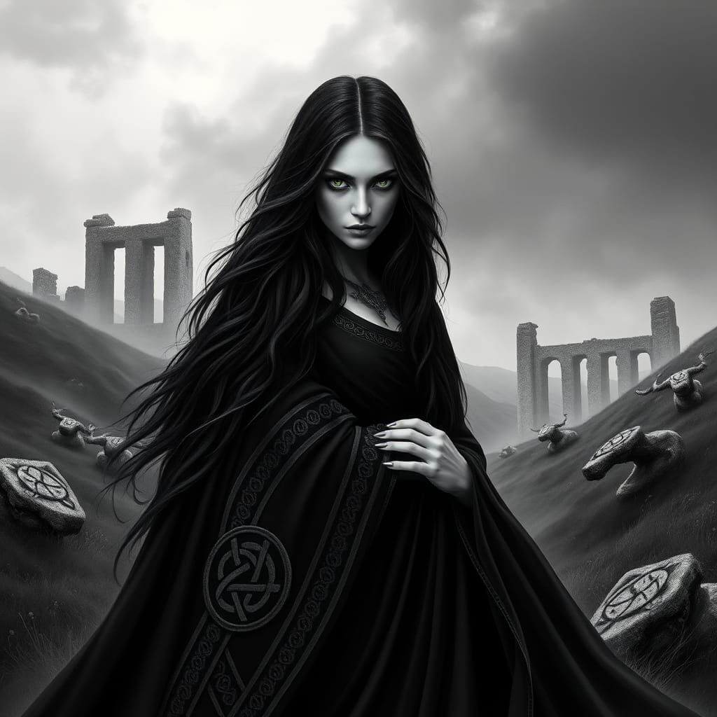 Mysterious Morrigan in Eerie Celtic Landscape