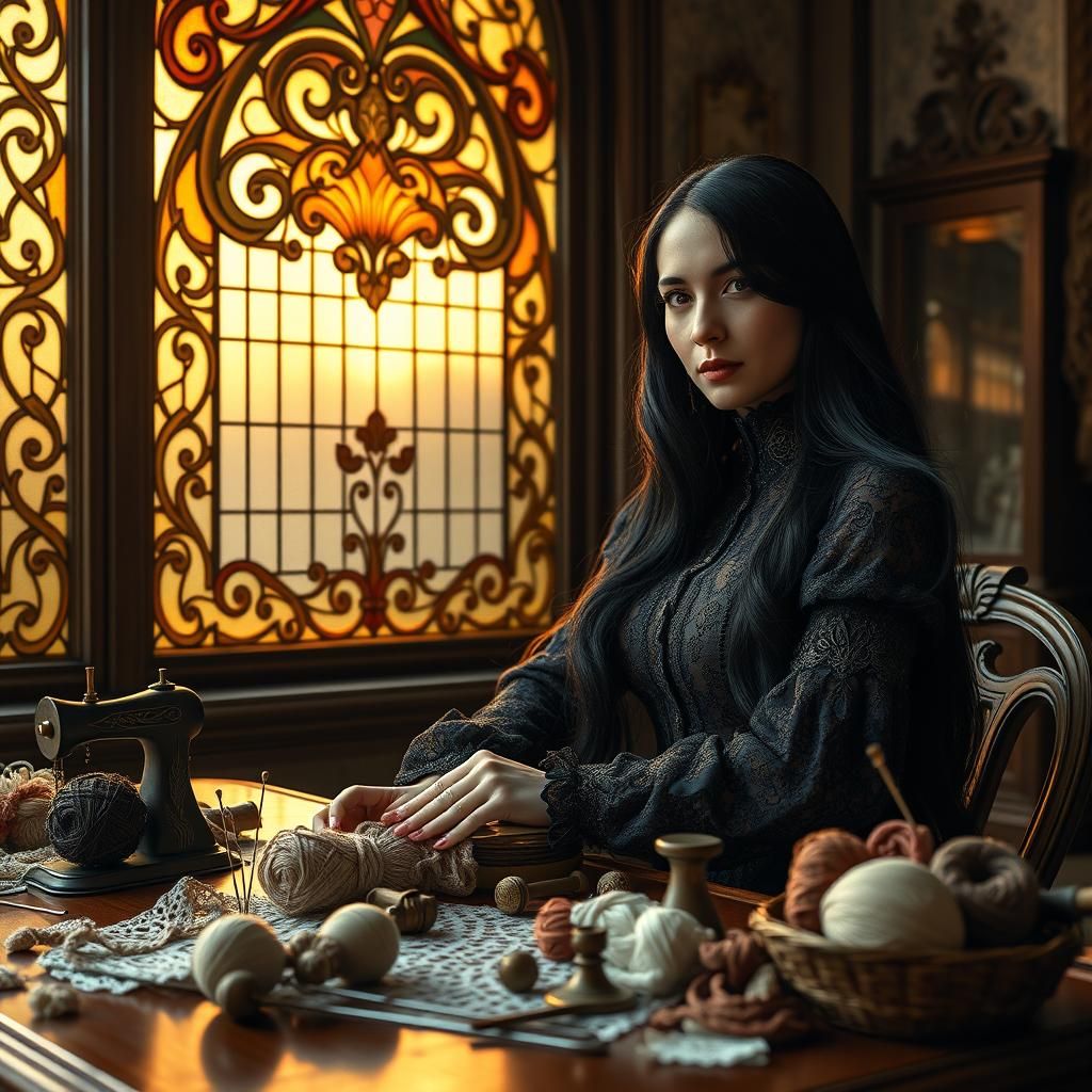 Elegant Woman Surrounded by Vintage Crafts in Art Nouveau St...