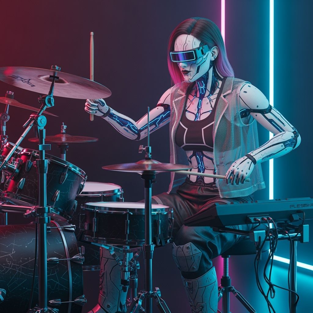 Cyberpunk Android Drummer on Neon Stage
