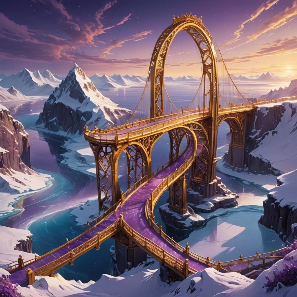 Golden Bridge Curves Around Purple Sea, 3D Render