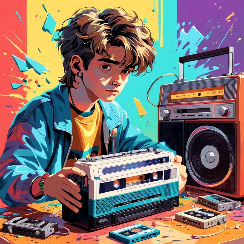 80s Kid with Cassette Player: Hyperrealistic Art