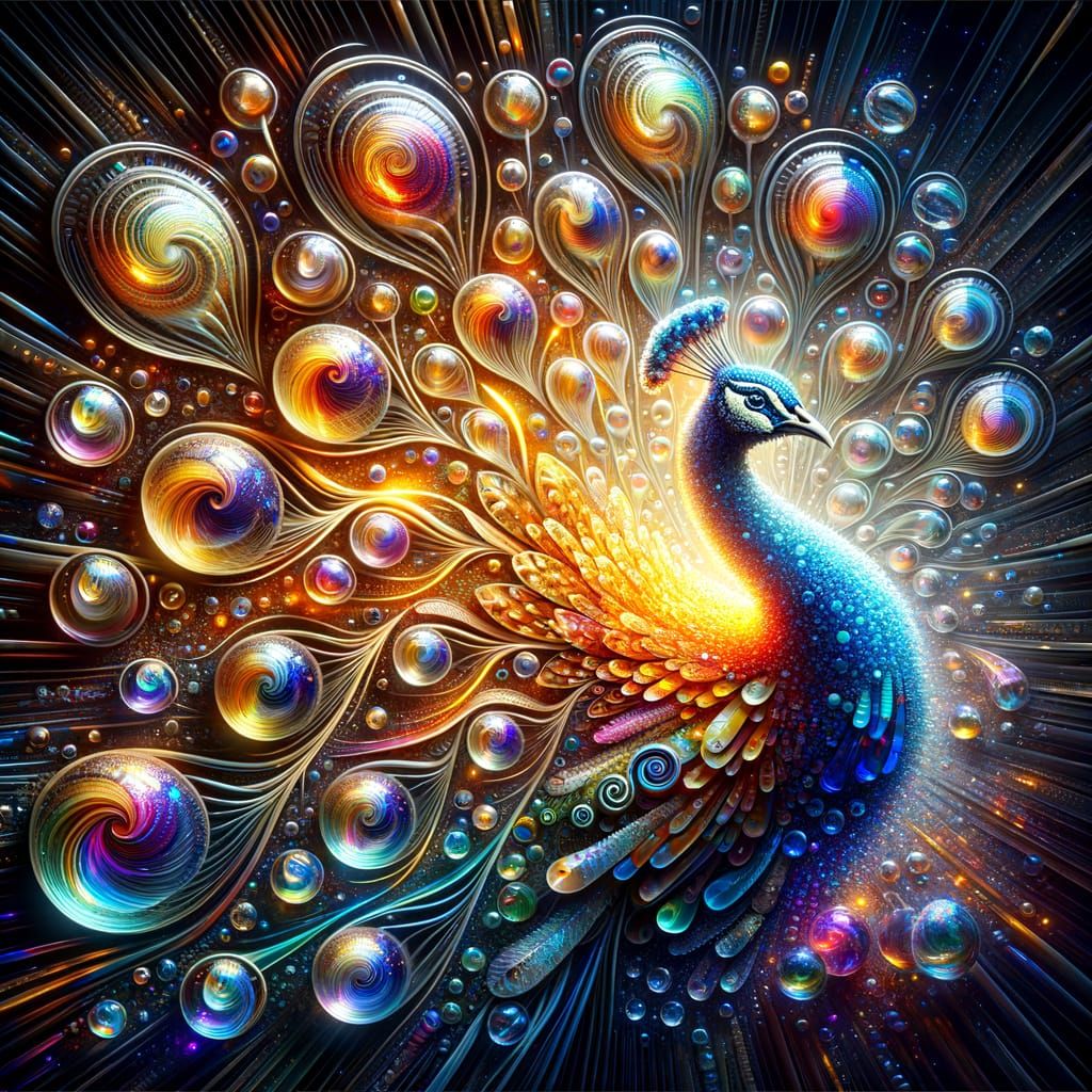 Vibrant Peafowl Radiates Colorful Aura in Shimmering Glass