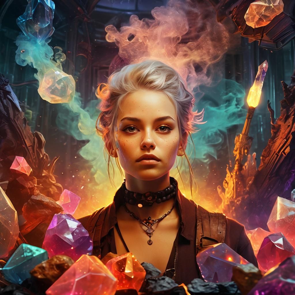 Adventurer Surrounded by Luminous Crystals: Dark Fantasy Art