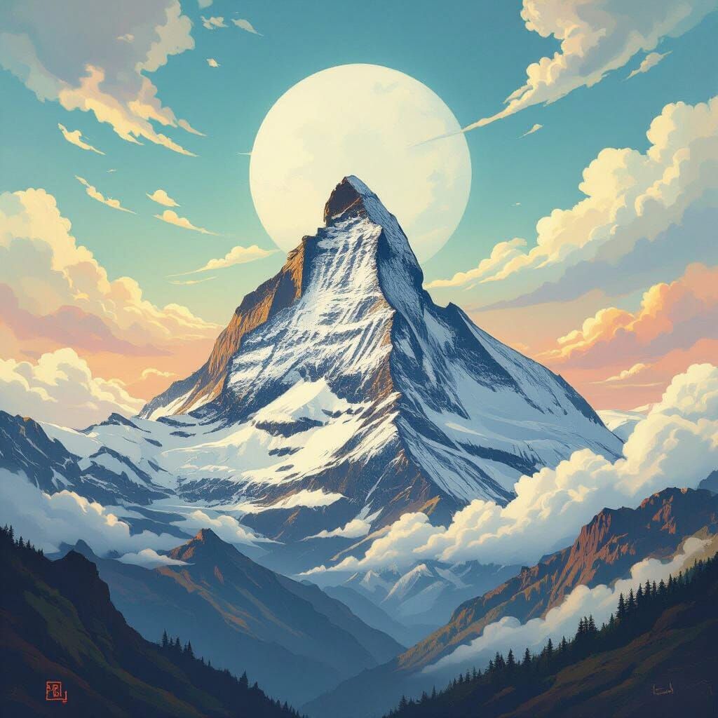 Dreamlike Mountain Soaring Through Wispy Sky