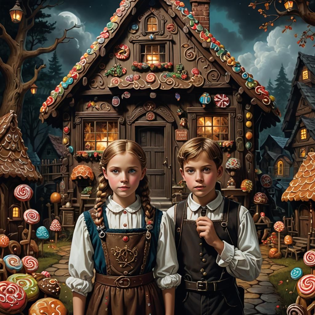 Hansel and Gretel Portrait with Gingerbread House