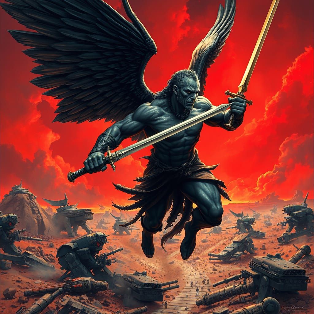 Heroic Fantasy Warrior Soars Above Wrecked War Machines in C...