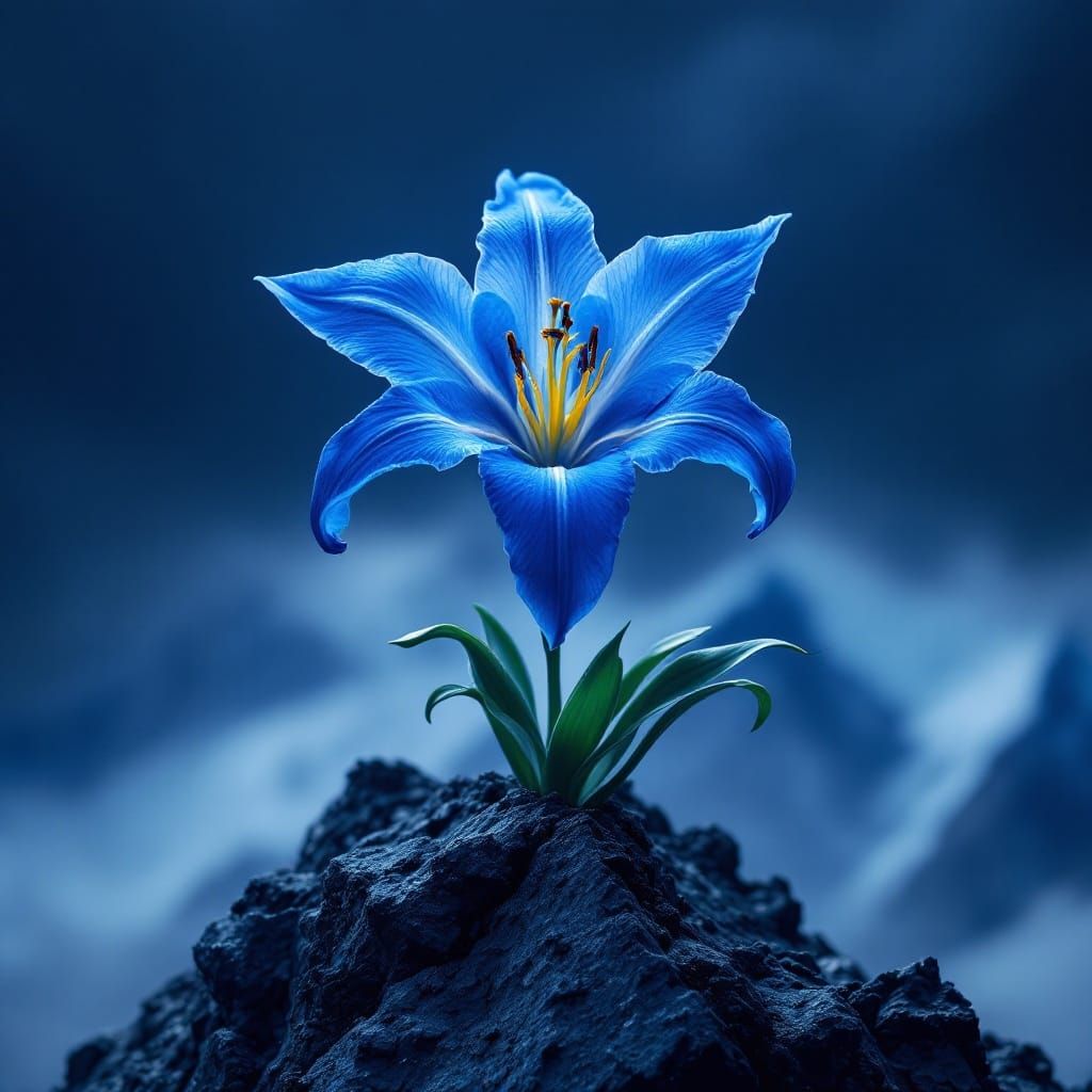 Mountain Bloom in Vivid Blue: A Hyperrealistic Masterpiece