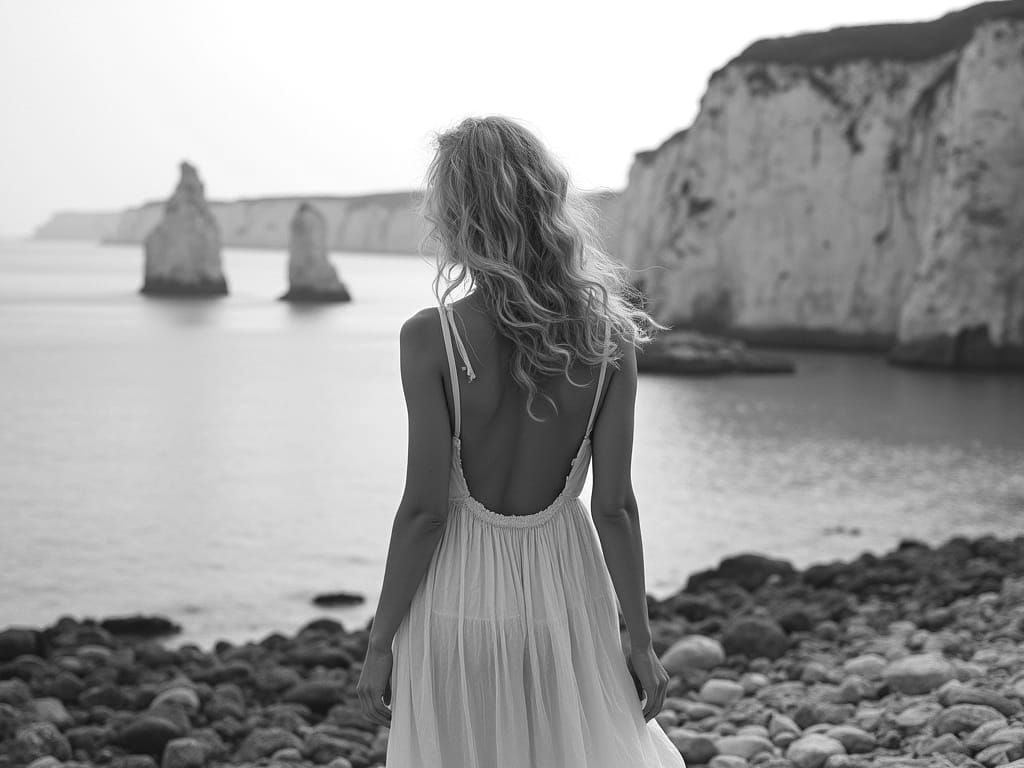 Elegant Woman Contemplates the French Coast in Monochromatic...