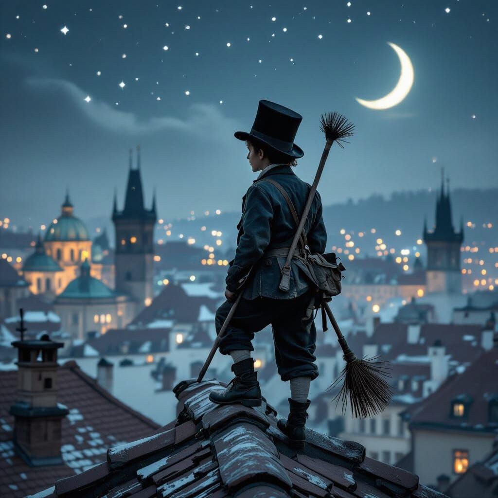 Prague Rooftop Chimney Sweep in Starry Night