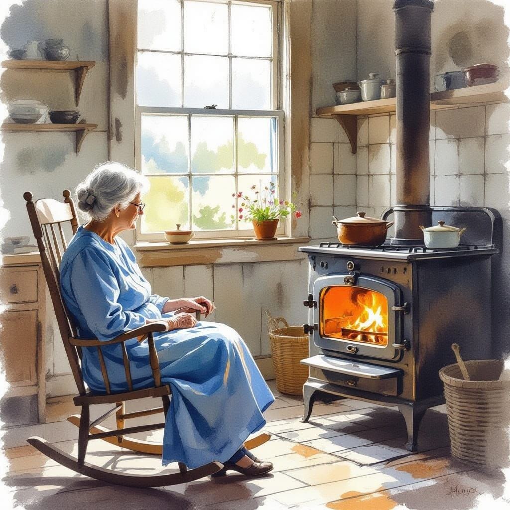 Old Woman in Blue Dress by Kitchen Stove in Watercolor Style