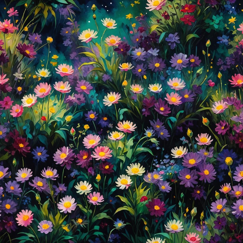 Enchanted Midnight Blooms Under Starry Sky
