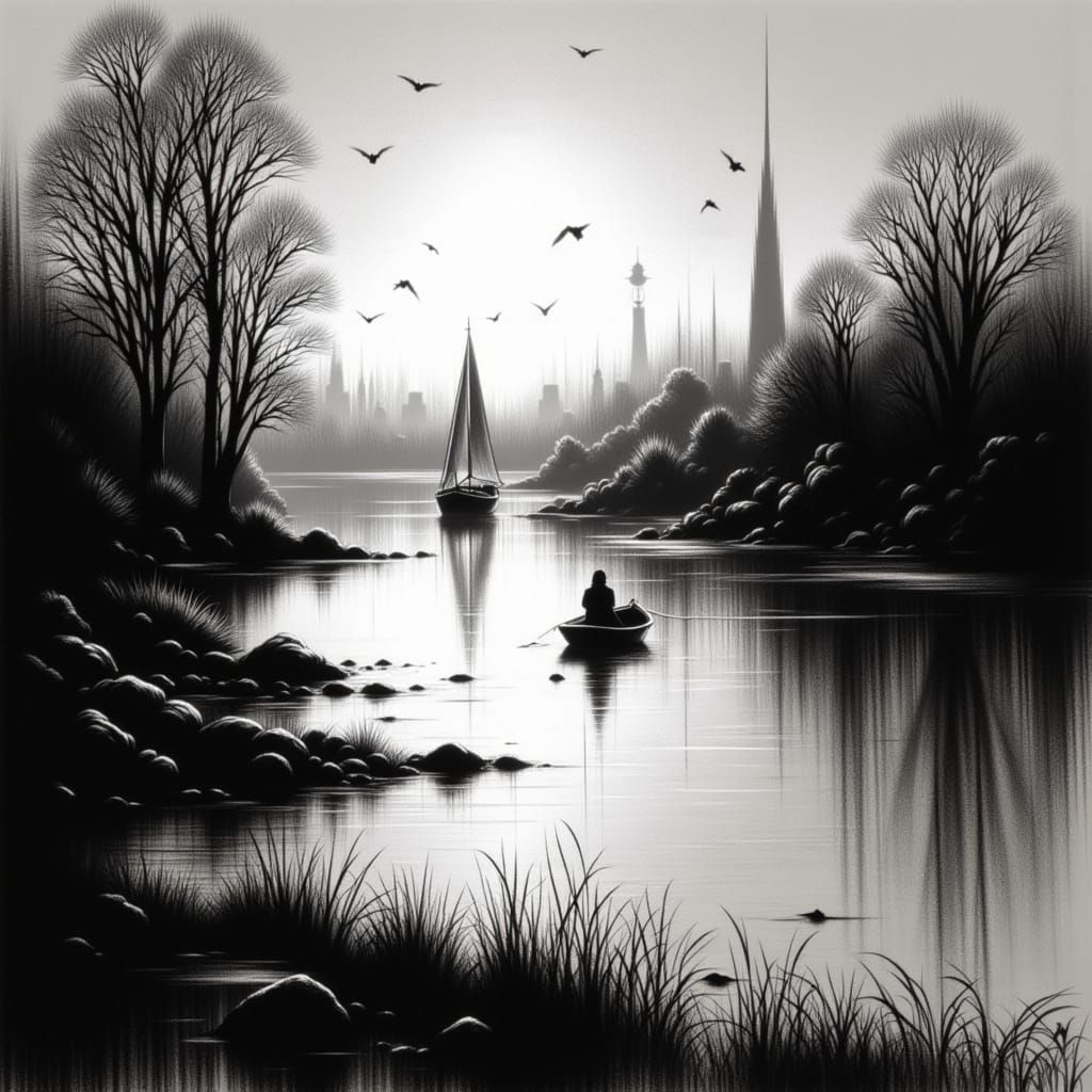 Yellow Sailboat on Shadowed Lake in Fantasy Thriller Style