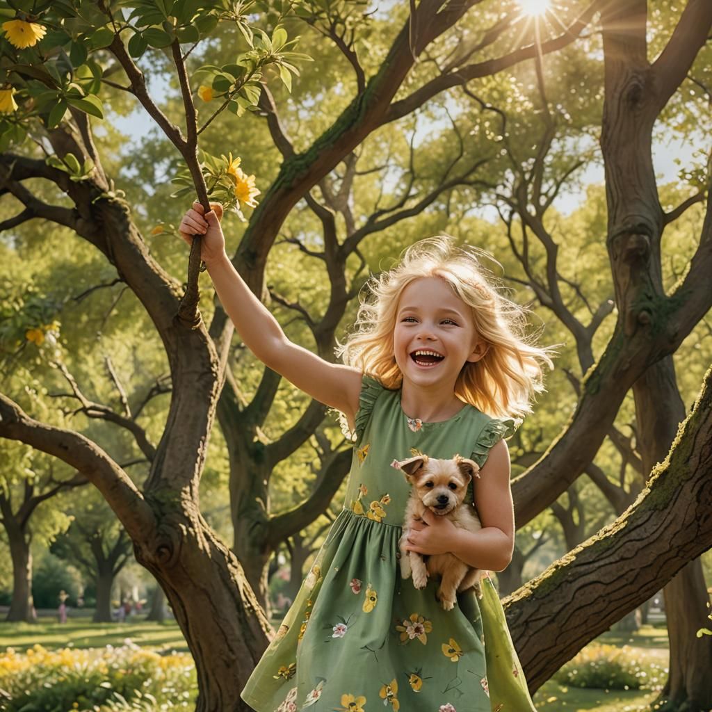 Joyful Girl and Puppy in Sunlit Garden