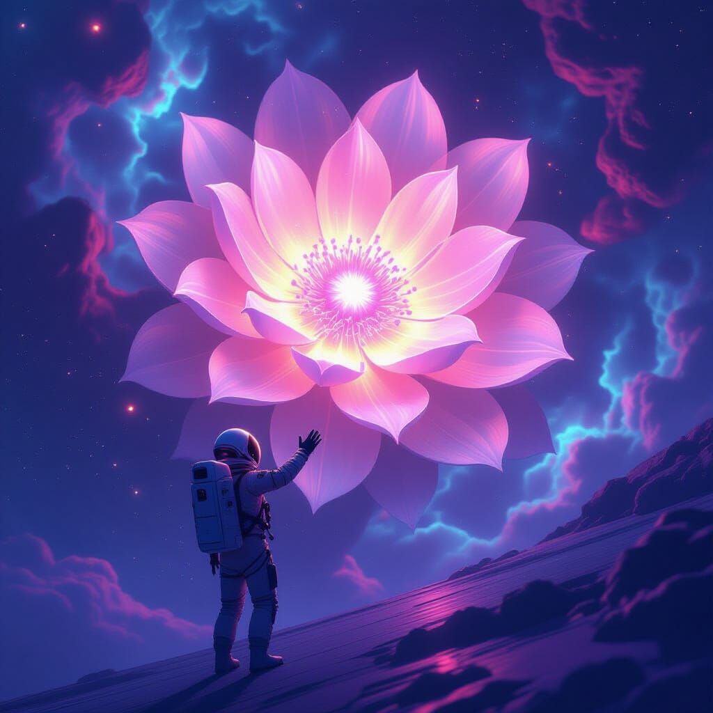 Astronaut Reaches Cosmic Flower in Psychedelic Nebula