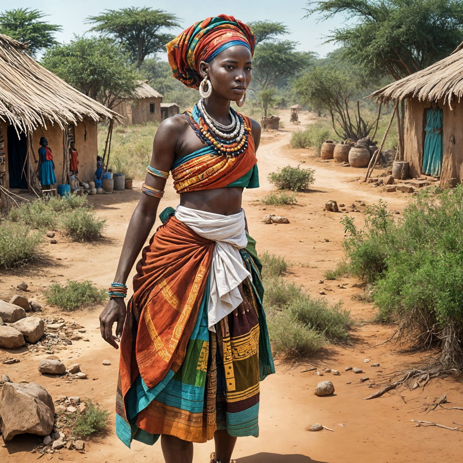 Burkinabe Woman in Traditional Dress on the Savannah