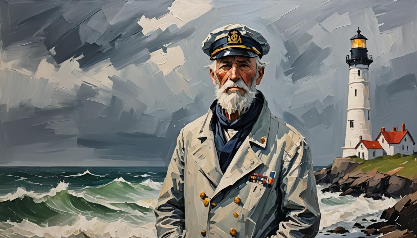 Minimalist Impasto Portrait of Old Sailor at Lighthouse