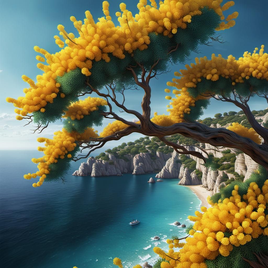 Mimosa Flowers in Provence: Detailed Matte Painting