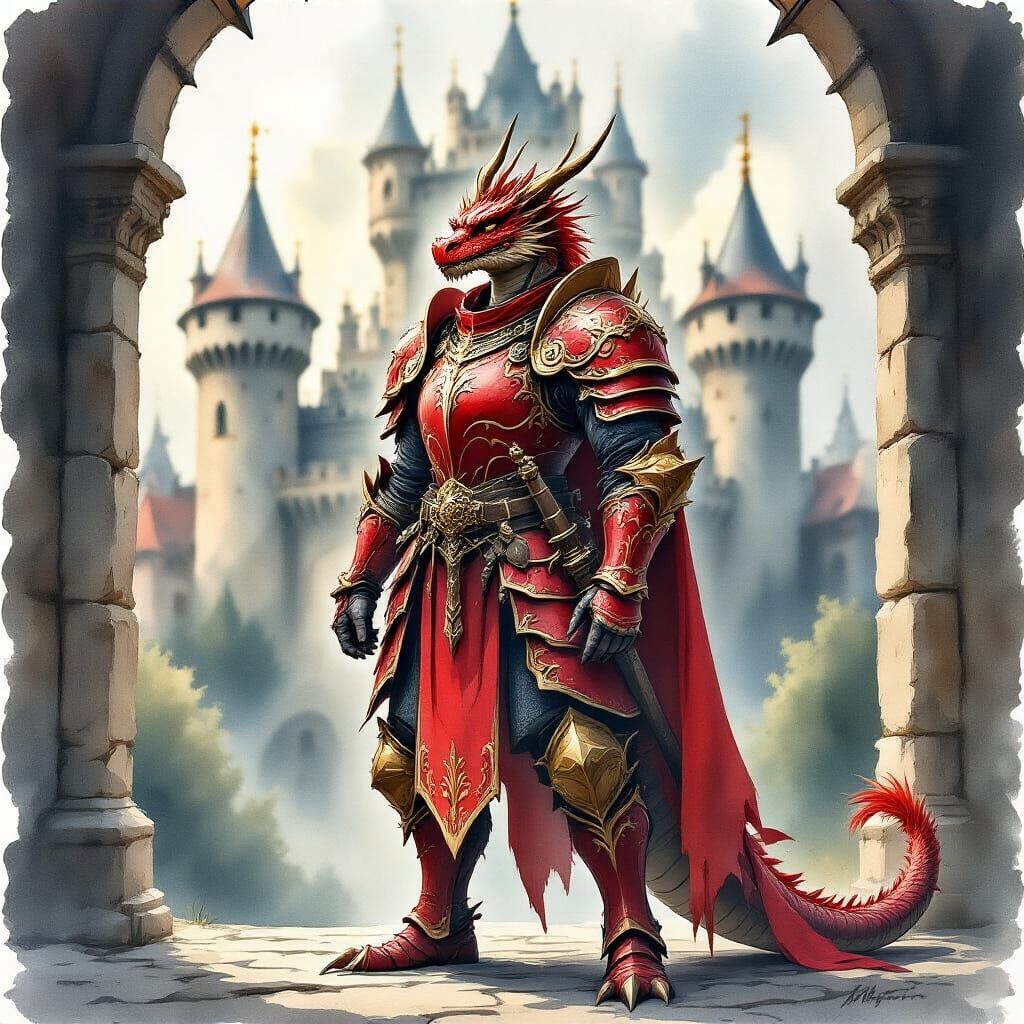 Dragon Warrior in Medieval Castle Watercolor
