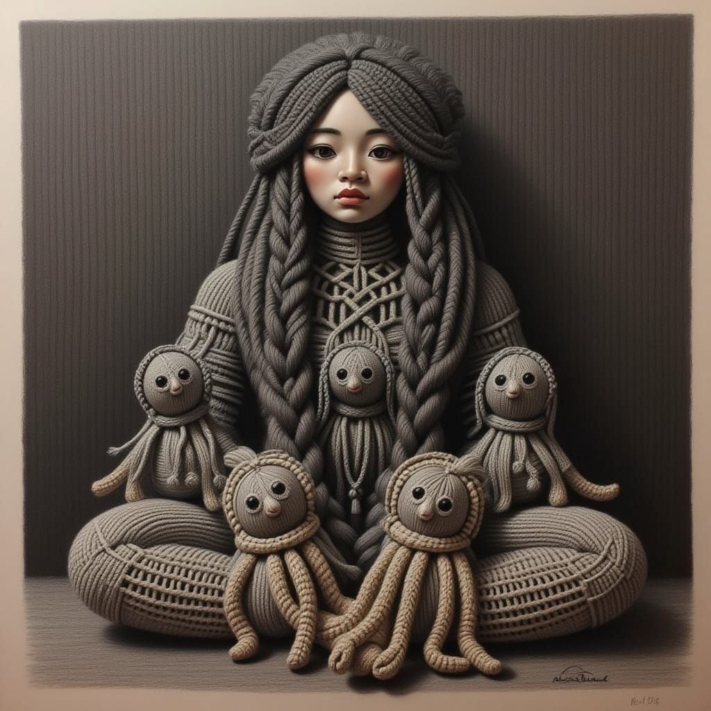 Woman with Macrame Braids and Dolls