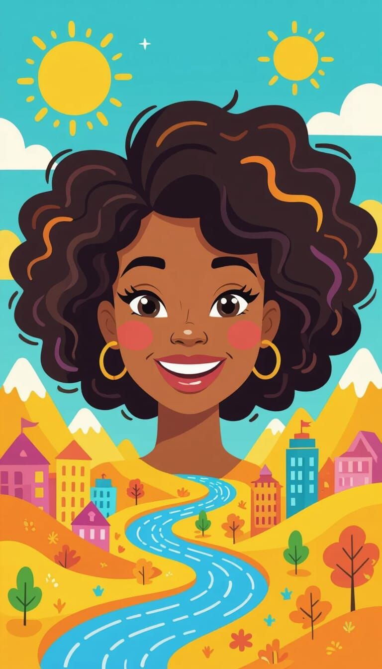 Whimsical Cartoon Woman with Rivers in Her Hair