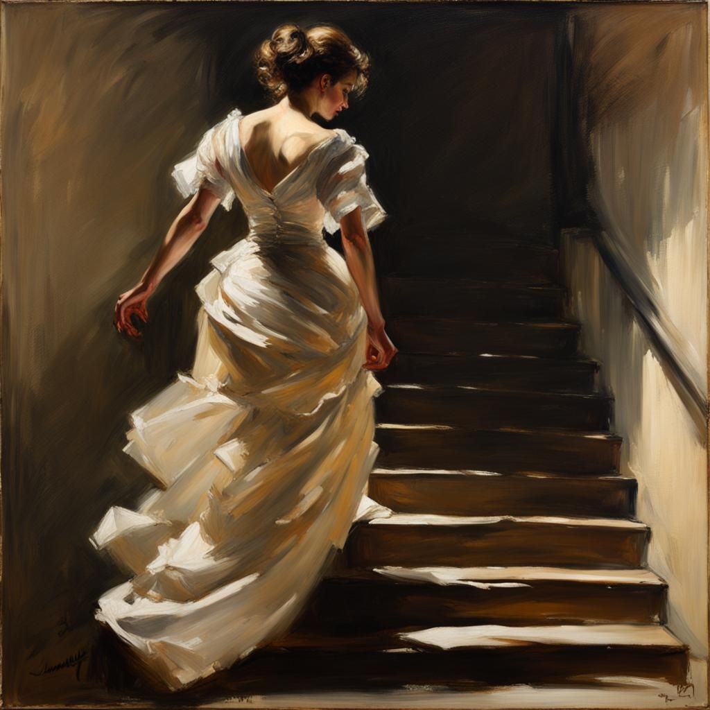 Woman Descending Staircase in Chiaroscuro Style